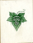 Bookplate of a green leaf with someone's initials