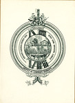 Bookplate of a house's garden in a circle with books around the edge of the circle and two sea monster heads intertwined at the bottom