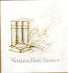 Bookplate of books, an open book, and a faded sketch of Native Americans