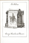 Bookplate of an image of a man riding a horse on a scroll resting on a stack of books