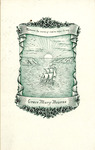 Bookplate of a ship in the open water with the sun setting