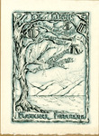 Bookplate of a person sitting in a tree and the branches transform into words with some books