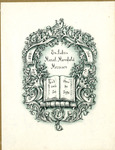 Bookplate of an open book surrounded by calligraphic leaves and ribbons that have music notes on them