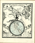 Bookplate of fairies and an image of a part of the world with them leaning on it