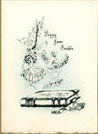 Bookplate of a female fairy coming out of a flower and the male fairy is looking at her while standing on leaves. They are both hovering over a book