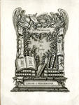 Bookplate of a memoriam with angels, ribbons, books, and leaves & flowers