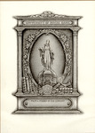Bookplate of a Virgin Mary statue with books and an oil lamp beneath her