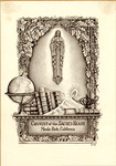 Bookplate of Jesus floating above a globe, books, an oil lamp, and sheets of music