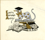 Bookplate of a lion with a graduation cap on top of a stack of books