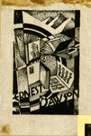 Bookplate of a man sitting, music sheet, and books in an illusion design