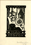 Bookplate of theatrical masks, a bouquet, a bird in a birdhouse, and a dog