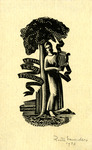 Bookplate of a woman leaning against a tree holding a small harp