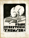Bookplate of a cat with its tail in the closed book that it is sitting on