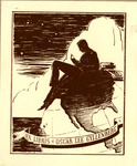 Bookplate of a man reading a book sitting on a globe over the water
