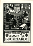 Bookplate of a horse in a graduation cap and gown sitting on a chair