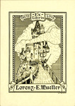 Bookplate of a castle surrounded by clouds and a knight on a horse on the bridge