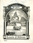 Bookplate of a ship going towards a castle on a cliff