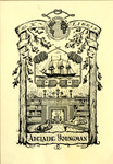Bookplate of a fire place with book shelves and a dog laying on the floor and an image of a boat above it