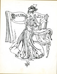 Bookplate of a woman in a flowing gown opening a large book