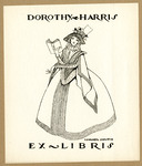 Bookplate of a woman in a gown reading