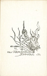 Bookplate of a man kneeling by fire