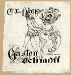 Bookplate of a man holding a ship above the world