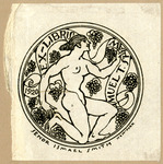 Bookplate of a woman kneeling surrounded by grapes
