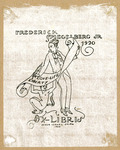 Bookplate of a man writing on a scroll held by a tailed creature