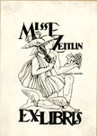 Bookplate of a man with winged feet holding coiled snakes and grapes