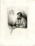 Bookplate a man at a desk looking at a book
