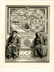 Bookplate of a world map and two explorers