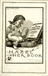 Bookplate of a baby reading something on a piece of paper with a quill pen in their hand