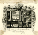 Bookplate of a living room with a window nook and fireplace