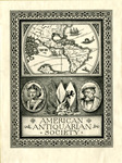 Bookplate of a world map of South America and two portraits of explorers