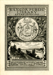 Bookplate of a railroad next to a lake and a 1920 Maine half-dollar coin