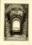 Bookplate of a library with high, painted ceilings