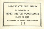 Printed label bookplate in memory of Henry Weston Farnsworth