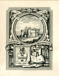 Bookplate of a castle, books, and a crest