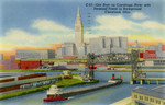 United States – Ohio – Cleveland – Ore Boat on Cuyahoga River with Terminal Tower in Background